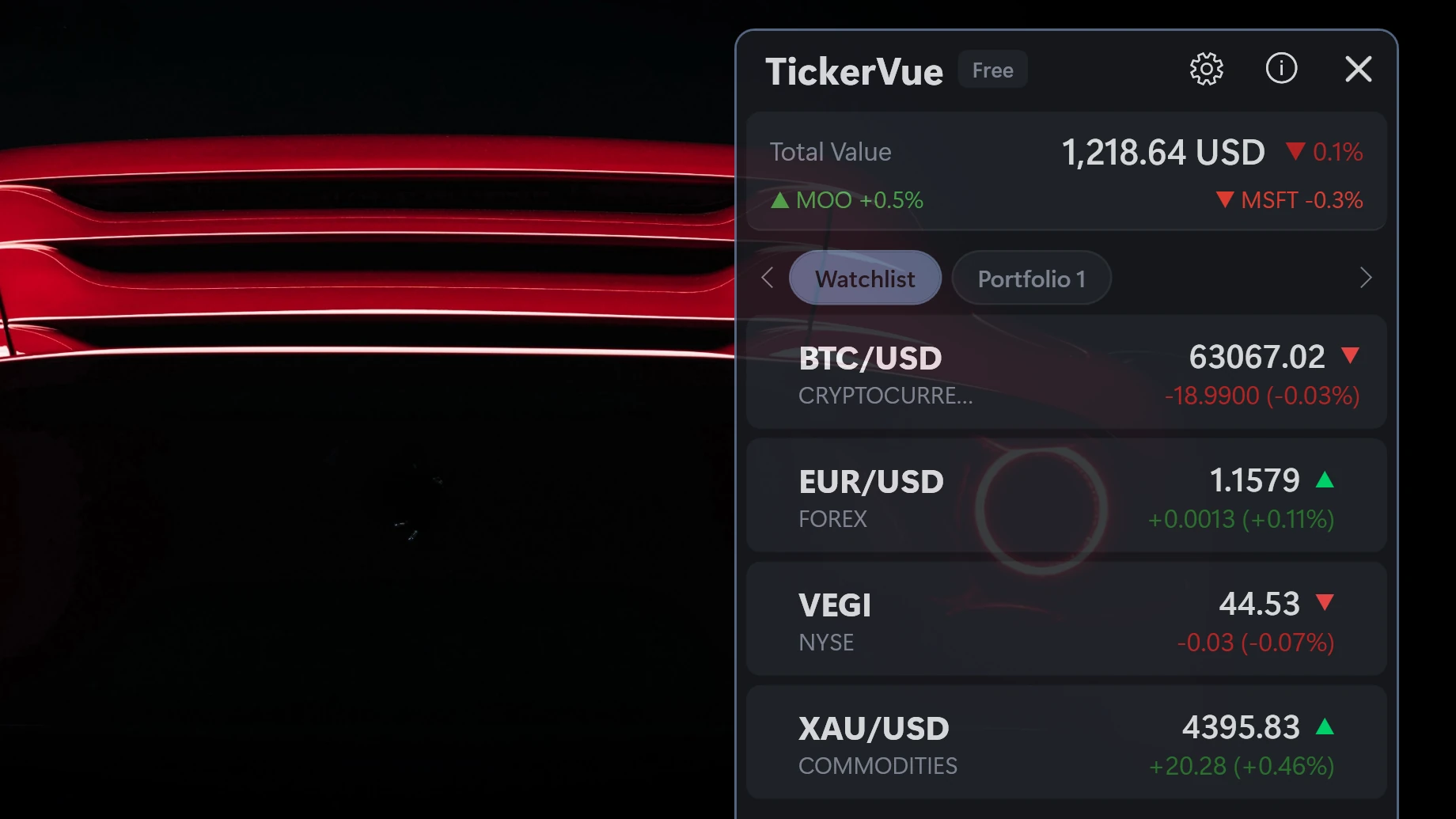 The TickerVue widget open on a Windows desktop