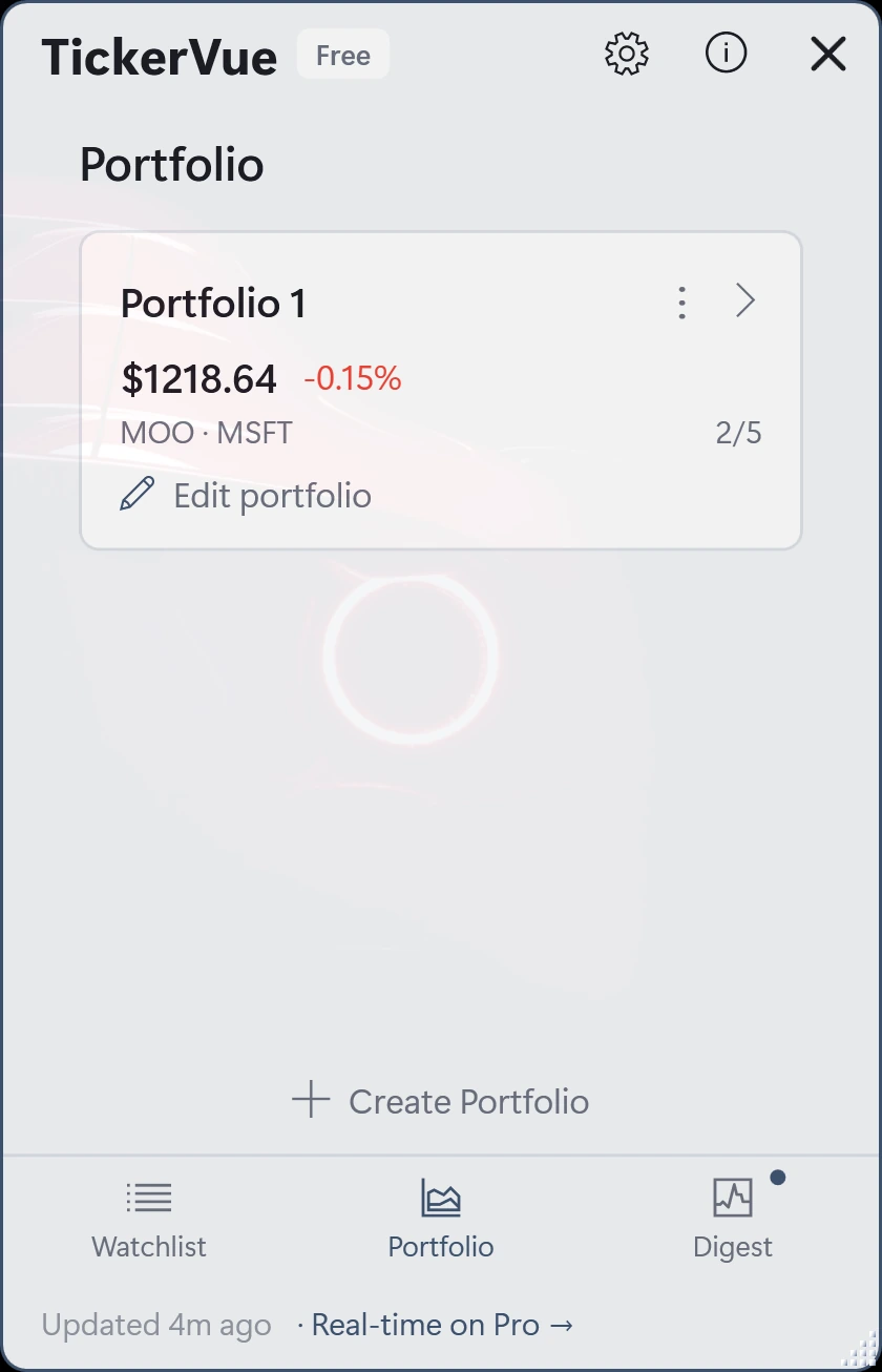 The TickerVue portfolio view showing a portfolio's total value and its change on the day